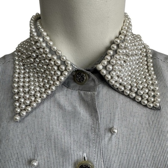 Sunny Leigh Tops - Vintage 80s SUNNY LEIGH pinstripe blouse pearl collar embellishments women small